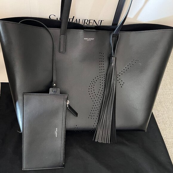 SAINT LAURENT BLACK LEATHER PERFORATED LOGO LARGE TOTE - Picture 7 of 15